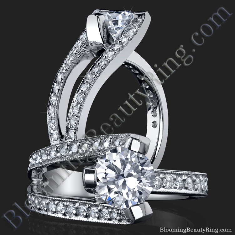 3 Sided Tension Set Split Shank Pave Diamond Engagement Ring
