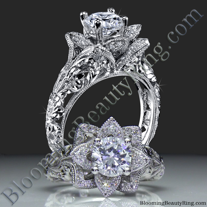 Diamond Embossed Blooming Rose Engagement Ring with Etched Carvings