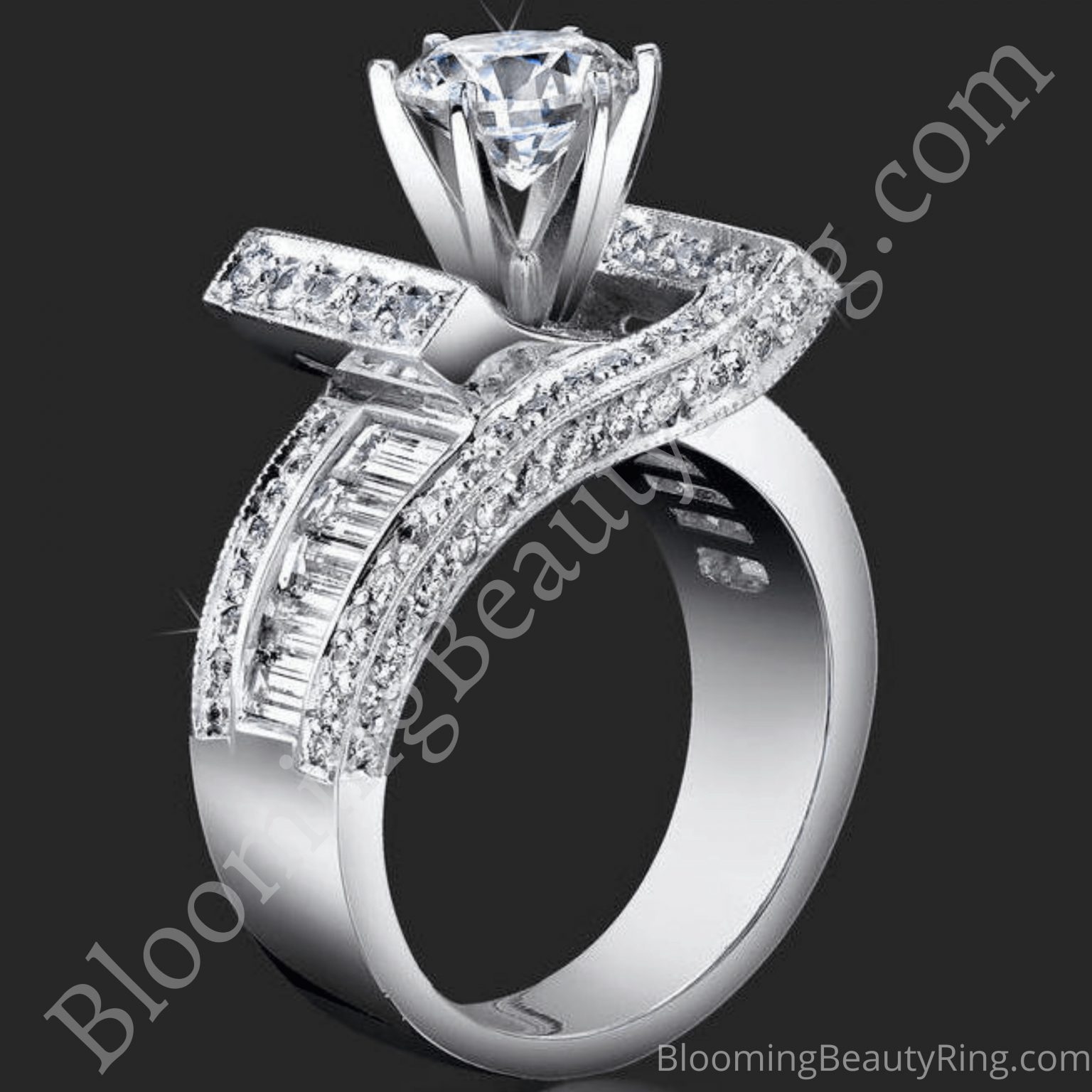 Double Crossover Ribbon Style Baguette and Round Diamond Engagement Ring