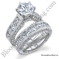 4.10 ctw round diamond engraved 6 prong engagement ring set - tilted side view