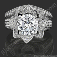 The hand engraved blooming beauty flower engagement ring set face on, petals blooming around a round center - bbr434en-set