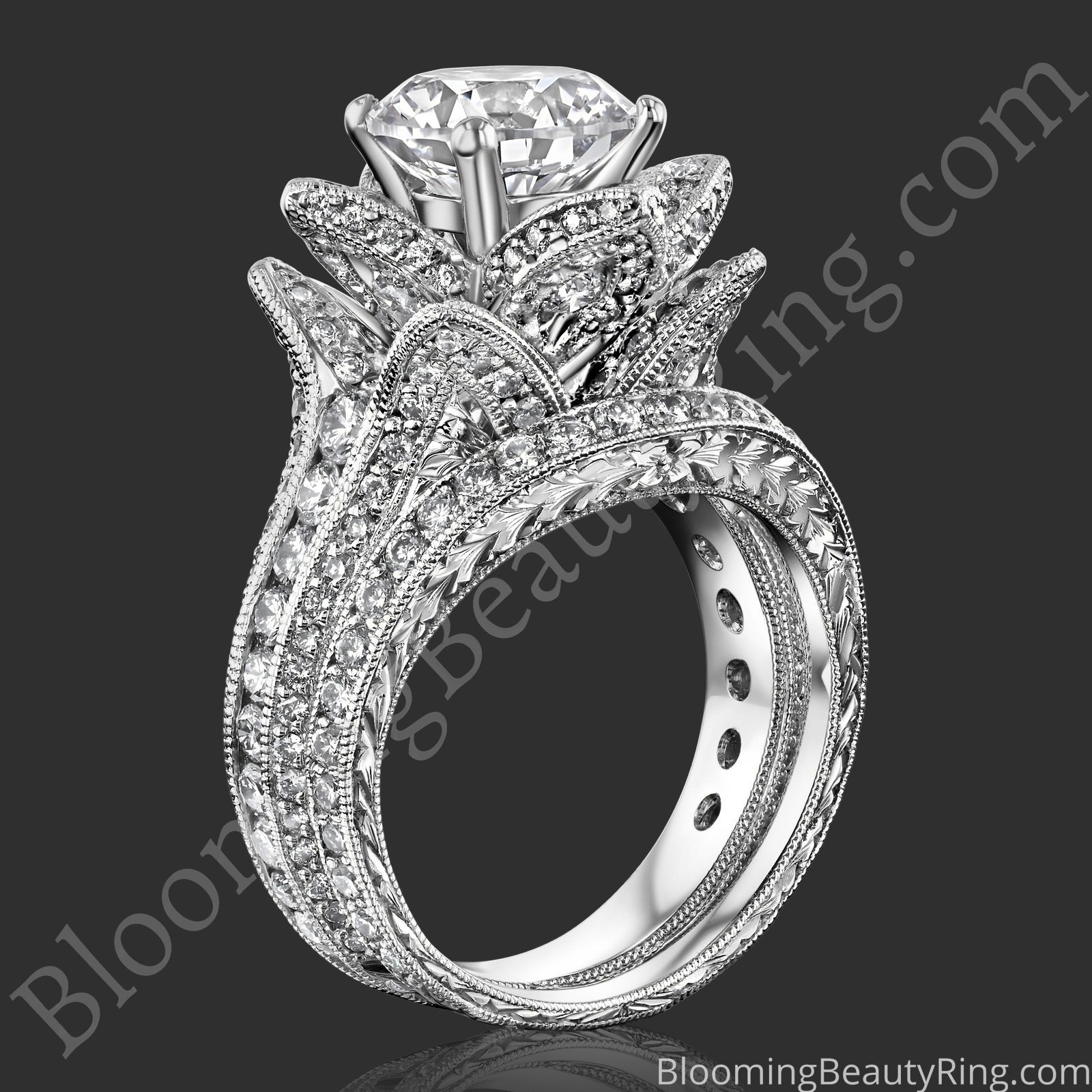 2.08 ctw. Large Hand Engraved Blooming Beauty Wedding Ring Set - bbr434en-set