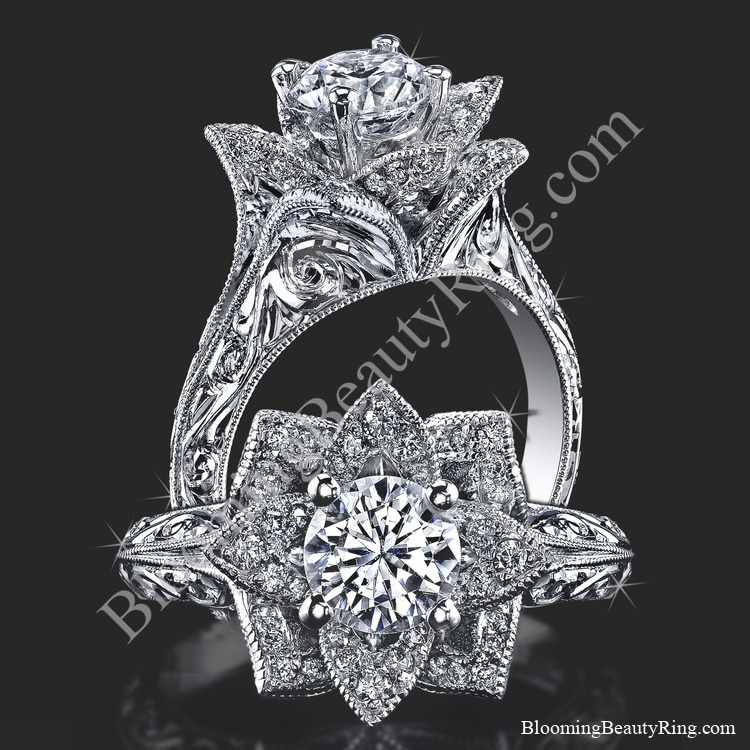 Hand Engraved 8 Petal .58 ct. Diamond Lotus Flower Ring BBR588-2