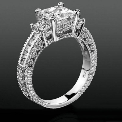 Princess Channel Set Beaded Milgrain Hand Carved Diamond Engagement Ring bbrnw591034