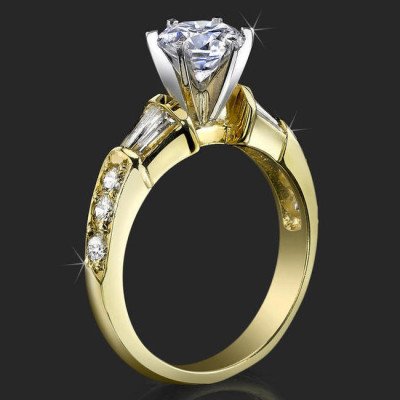 Tiffany Style Channel Set Baguette and Pave Mounted Round Beveled Diamond Engagement Ring - bbr253