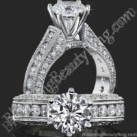 Two views of the tall crown engagement ring with milgrain edged channel set rounds - nrd411e-1