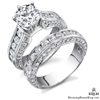 Milgrain edged engagement ring and matching wedding band set stacked with channel set diamonds - nrd411eb-1