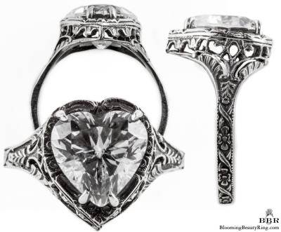 h001bbr | Antique Filigree Ring | for a 2.95ct to 3.05ct heart stone | Floral Band
