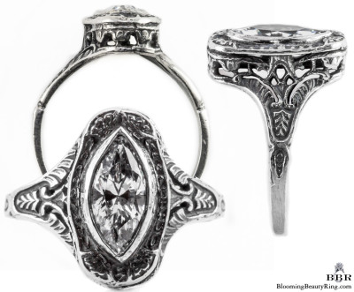 mq003bbr | Antique Filigree Ring | for a .90ct. to 1.05ct. marquise stone | Swirled Pattern Frame
