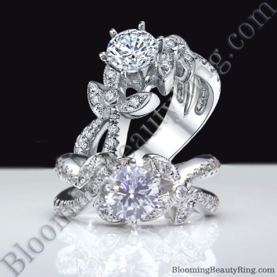 Lotus Leafy Split Shank Diamond Flower Engagement Ring