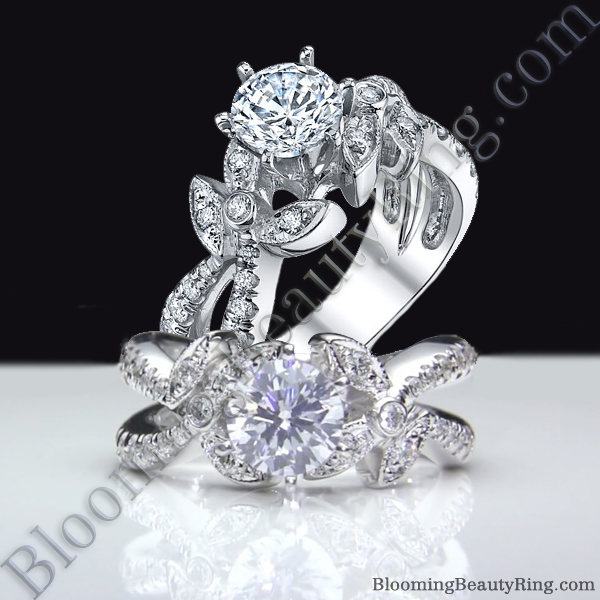 Lotus Leafy Split Shank Diamond Flower Engagement Ring - bbr548