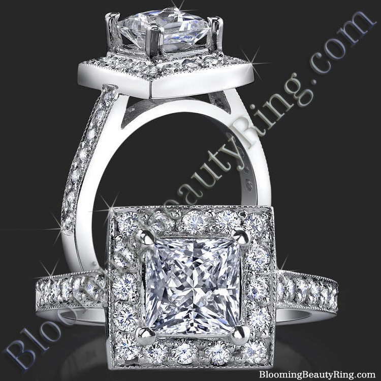 .58 ctw. 30 Diamond Square Halo and Pave Set Engagement Ring - bbr339