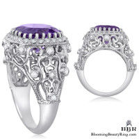 Antique Scroll Designed Purple Amethyst and Diamond Gemstone Ring