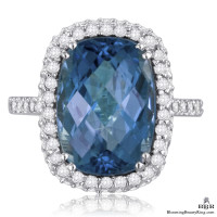 Rich Marine Blue Cushion Cut Topaz and Diamond 8 Prong Ring