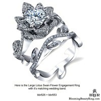The lotus leafy flower engagement ring set on a white background - bbr626set