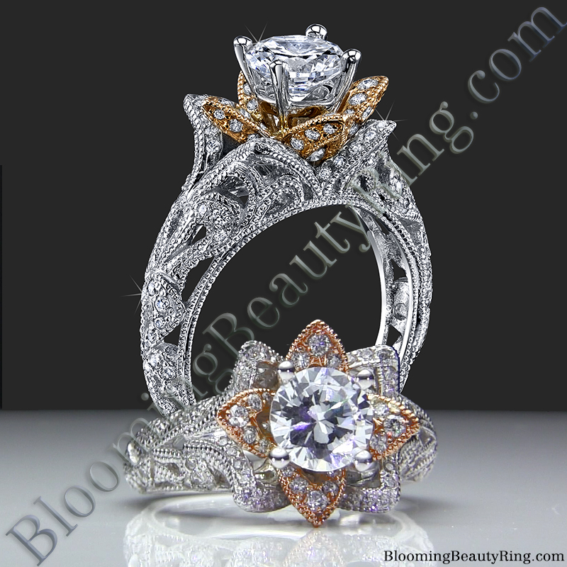 Art Carved Blooming Rose Flower Engagement Ring with Rose Gold Petals – bbr611