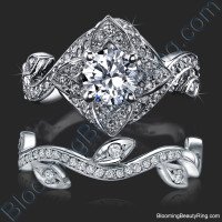 Lotus Ring with Leaves Diamond Engagement Ring Set