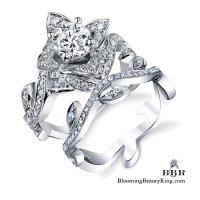 Lotus Ring with Leaves Diamond Engagement Ring Set Upper Angle
