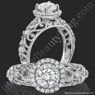 La Bella – Ornamental Filigree Diamond Halo Engagement Ring