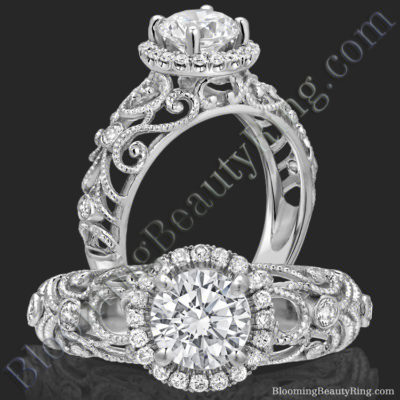 La Bella – Ornamental Filigree Diamond Halo Engagement Ring