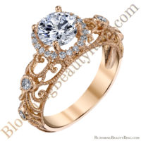 Rose Gold Ornamental Filigree Diamond Halo Engagement Ring