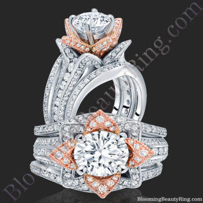 2.38 ctw. Double Band Two Toned White and Rose Gold Flower Ring Set