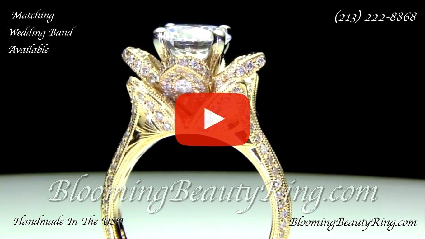 1.78ctw Yellow Gold Large Hand Engraved Blooming Beauty Flower Diamond Engagement Ring – bbr434ygen standing up video