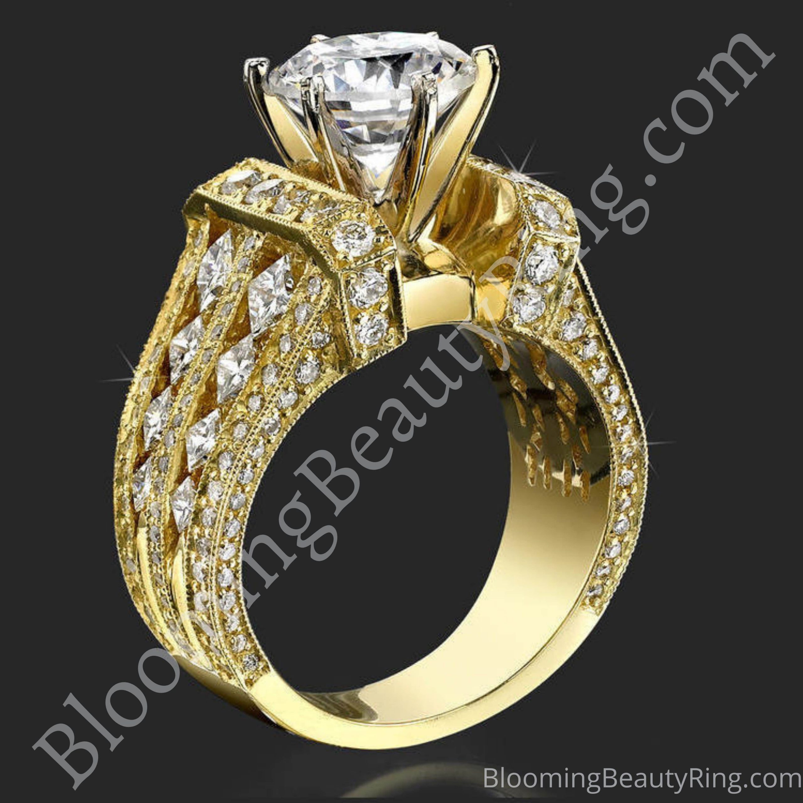 Immense Raised Milgrain Edged Princess and Round Diamond Engagement Ring