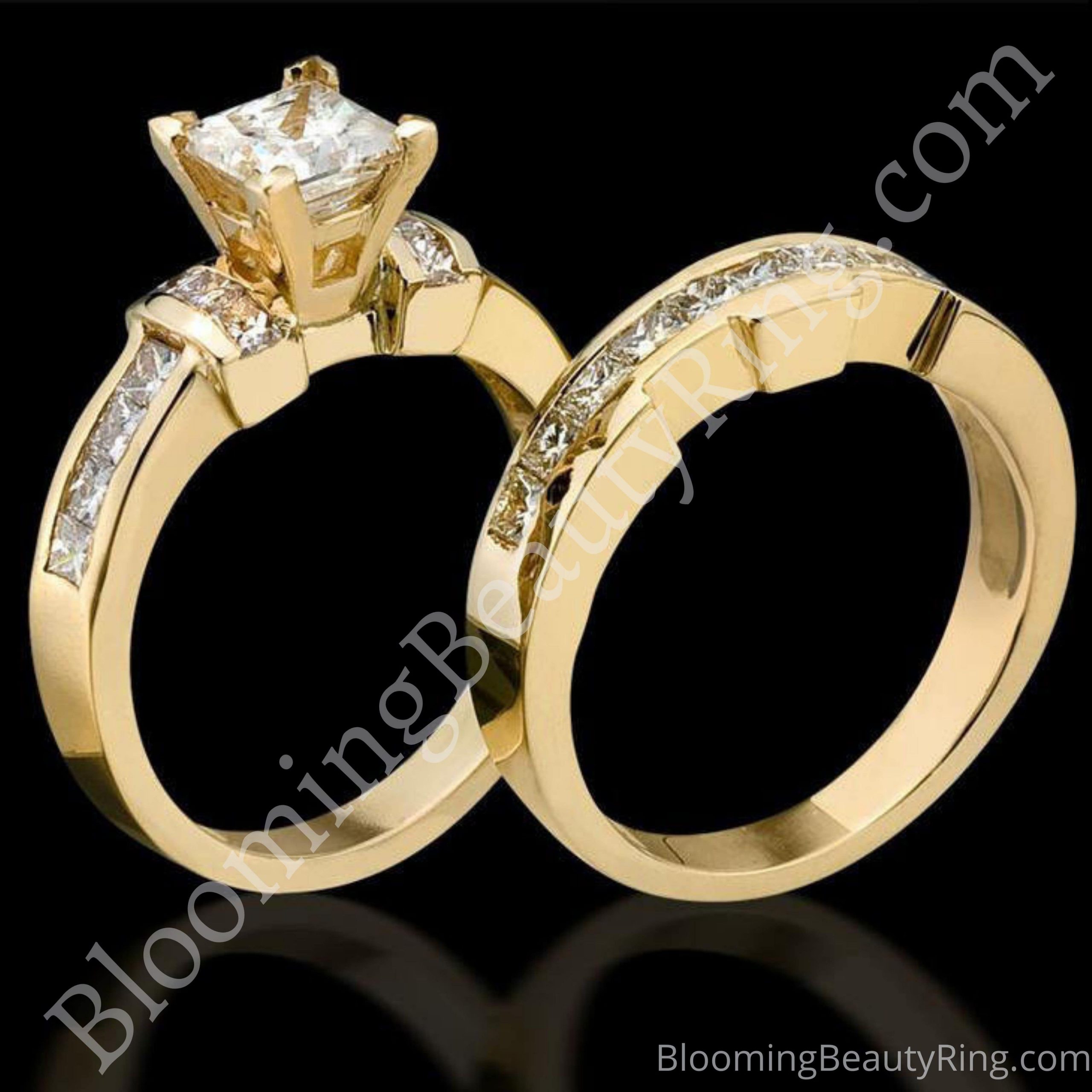 2.0 ctw. Channel Set 4 Prong Princess Diamond Engagement Ring Set Standing