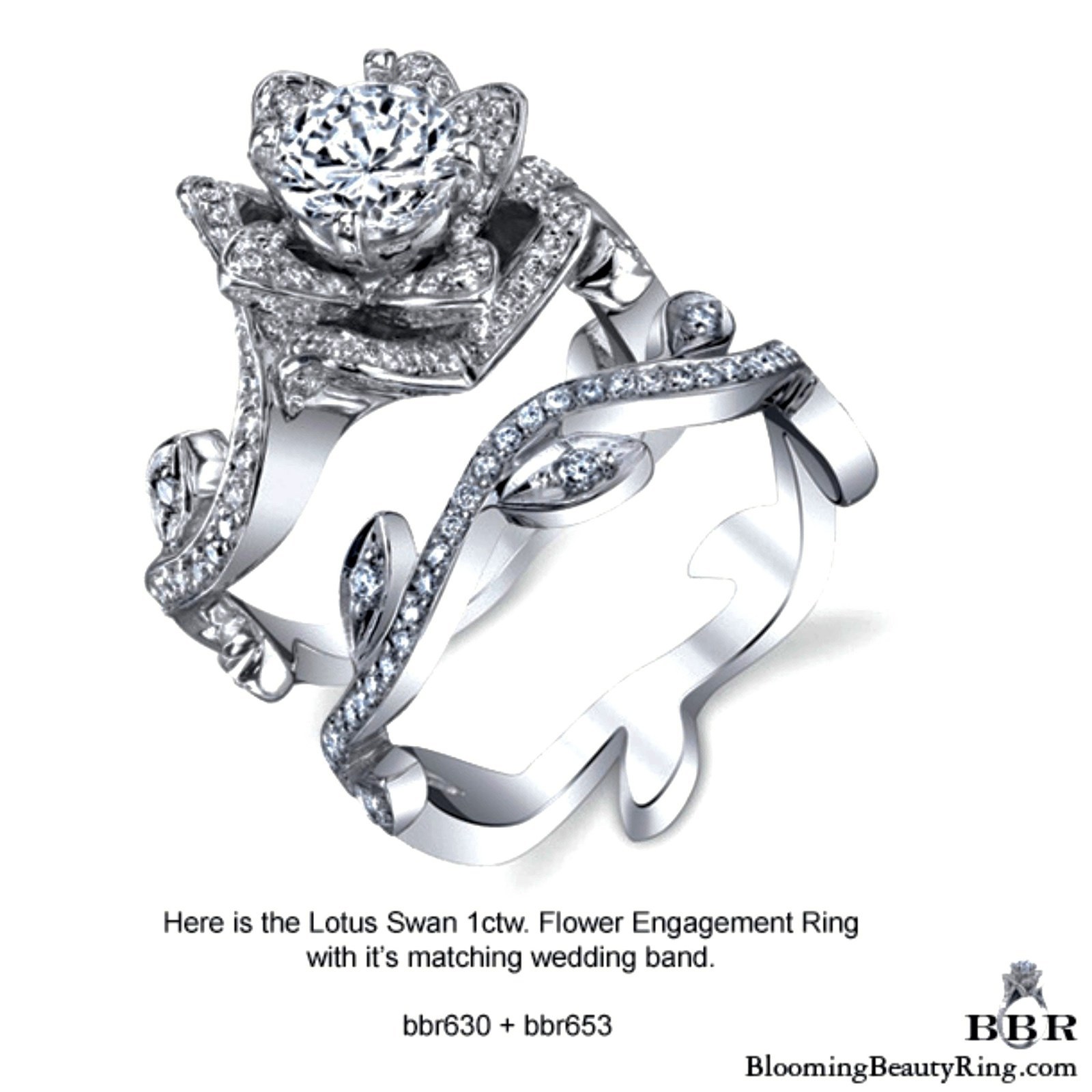 Small Lotus Leafy Swan 1.32 ctw. Diamond Engagement Ring Set