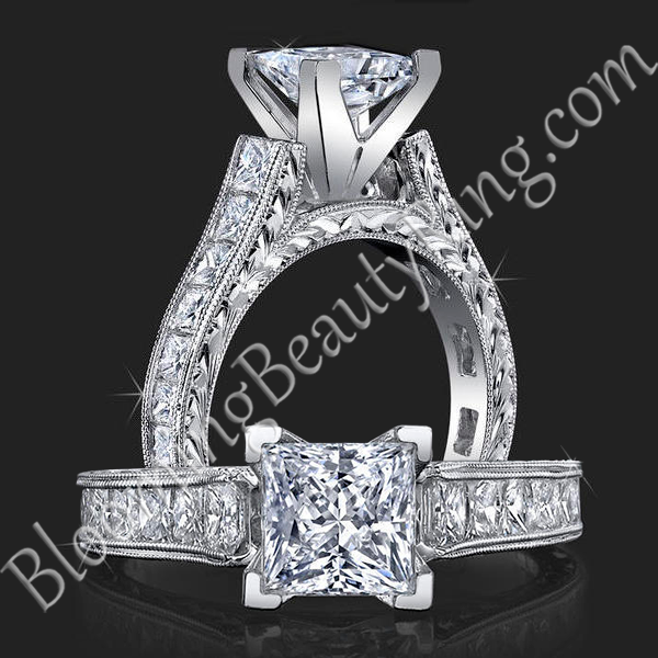 1.50 ctw. Extravagantly Detailed Princess and Millegrain Engagement Ring - bbr334