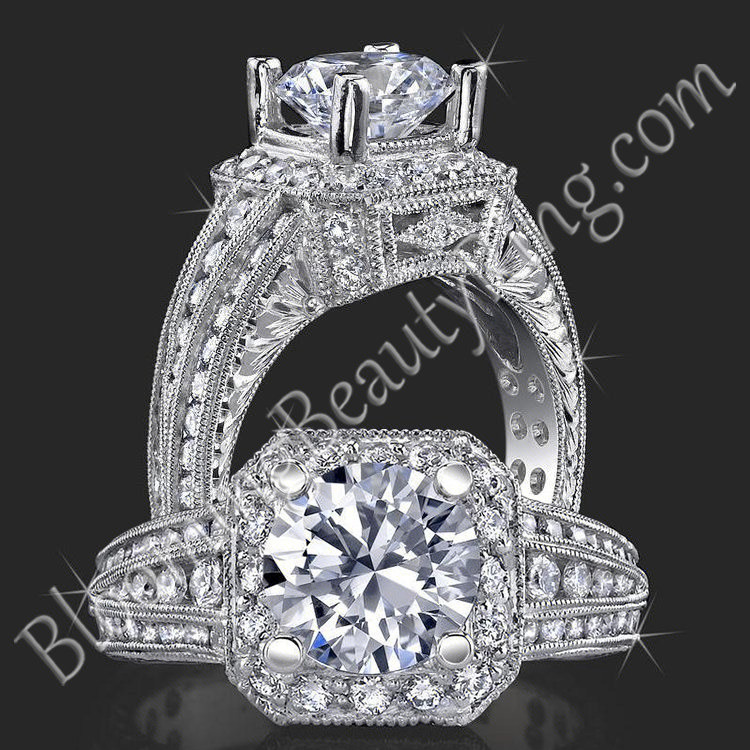 132-ctw-ring-of-art-diamond-and-engraved-engagement-ring-bbr350 Two views of the crown flat bottom european band showing its hand engraving and 80 plus diamonds - bbr350