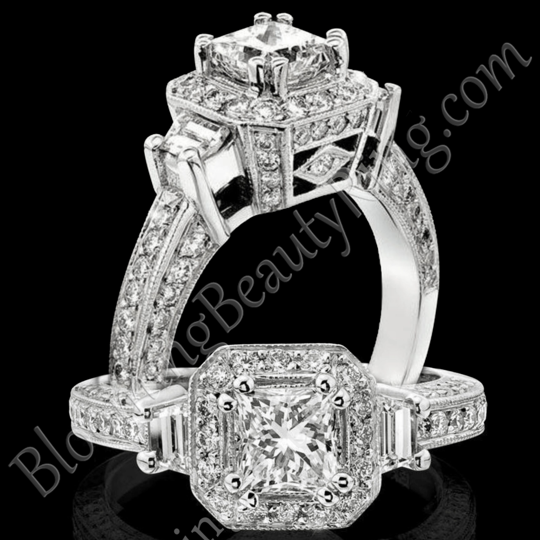 Octagonal Pave Styled 8 Pronged Halo Diamond Engagement Ring bbr356