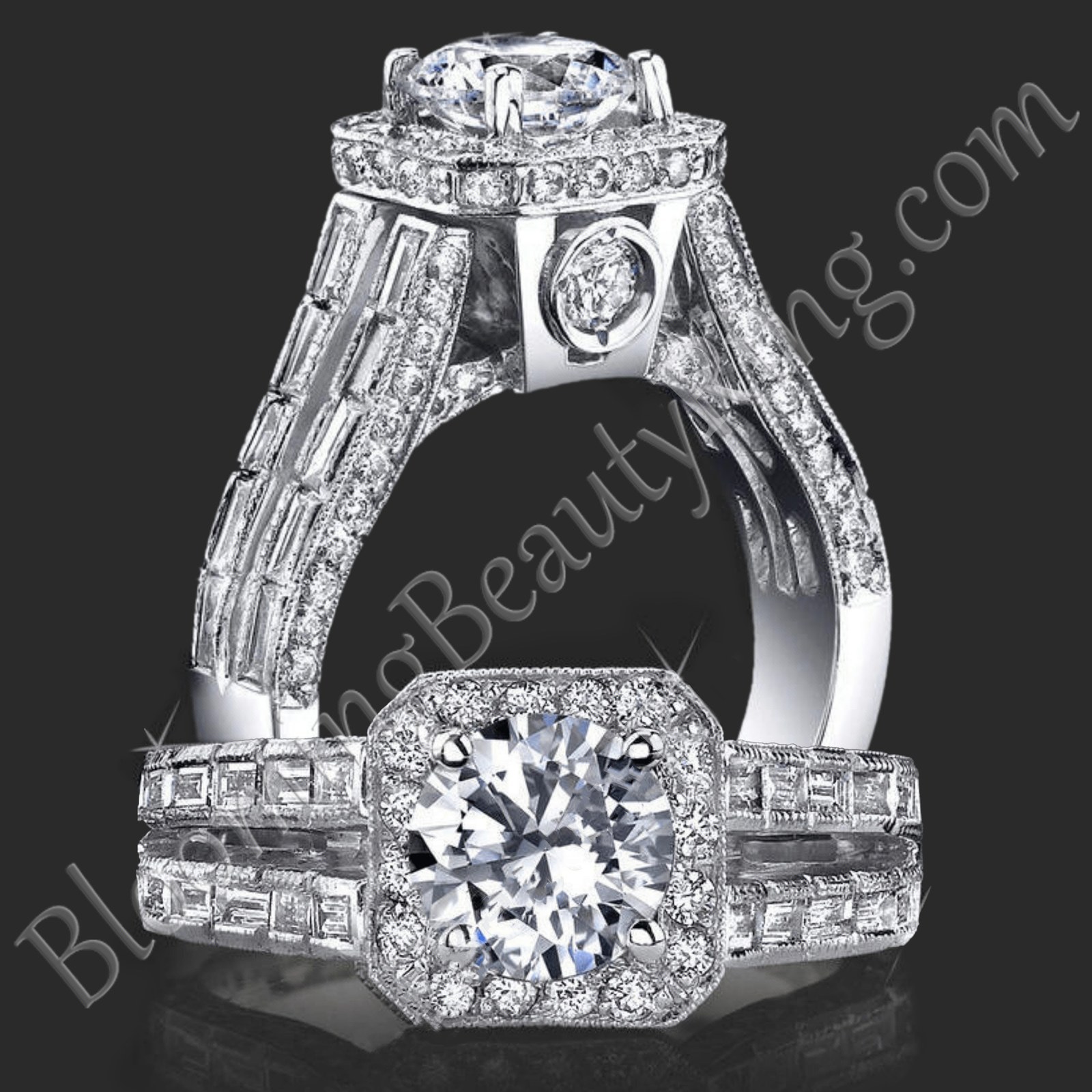 Standing and laying views of the baguette and round halo ring with its peekaboo side diamond - bbr388-1
