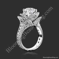 Hand engraved blooming beauty flower engagement ring standing up with round center diamond - bbr434en
