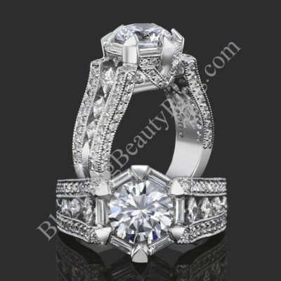 The Queens Crown Low Profile Vintage Inspired Round Engagement Ring – bbr272e – two views