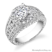 Antique inspired hand engraved halo engagement ring with milgrain details and round center stone - bbr288-1