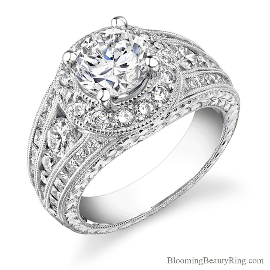 Antique inspired hand engraved halo engagement ring with milgrain details and round center stone - bbr288-1