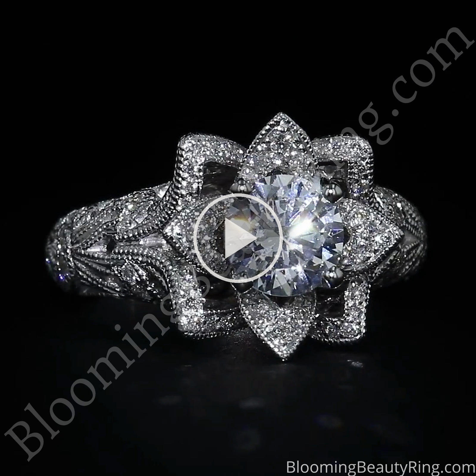 Art Carved Blooming Rose Flower Engagement Ring with Rose Gold Petals – bbr611 laying down video