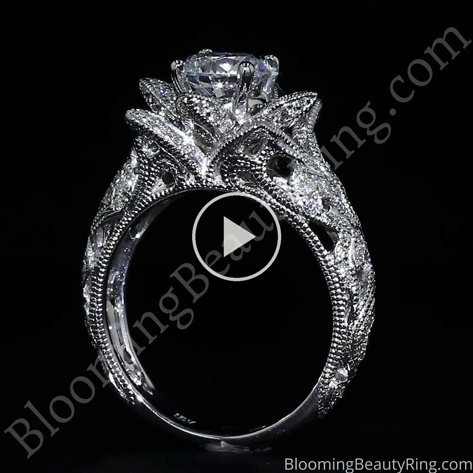 Art Carved Blooming Rose Flower Engagement Ring with Rose Gold Petals – bbr611 standing up video