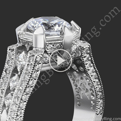 Close standing view of The Queens Crown low profile vintage inspired round diamond engagement ring BBR-272E