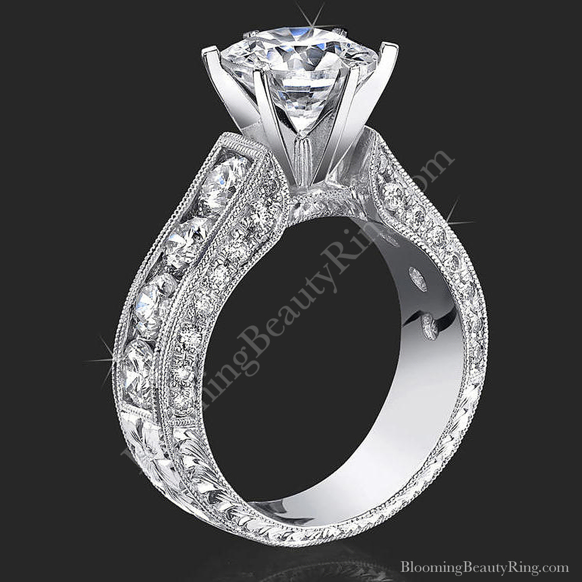 2.10 Carat Round Diamond Engraved Engagement Ring with Huge Quarter Carat Channel Set Diamonds – bbr389