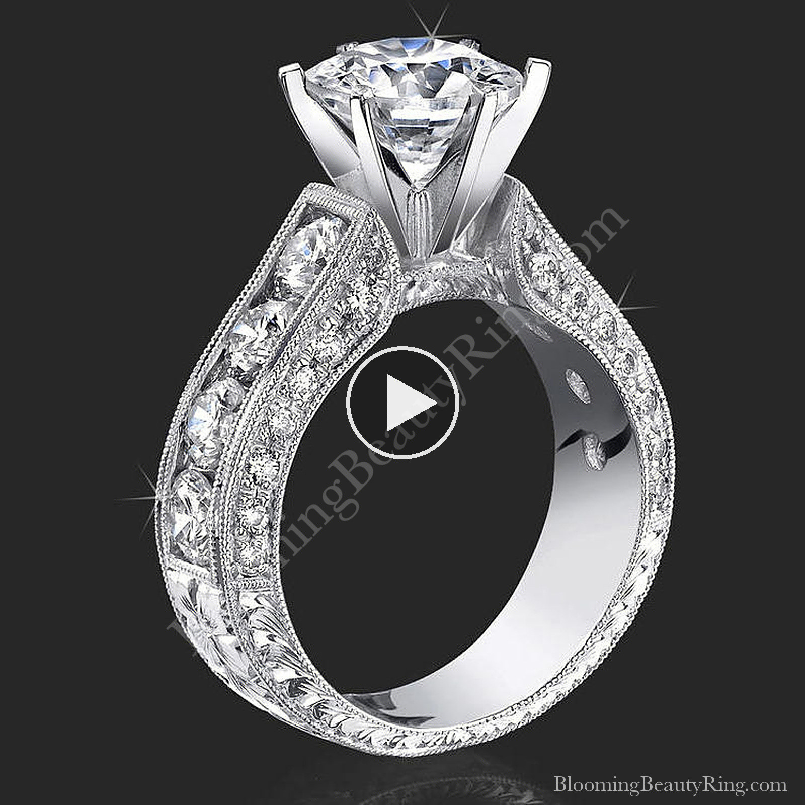 2.10 Carat Round Diamond Engraved Engagement Ring with Huge Quarter Carat Channel Set Diamonds – bbr389 video