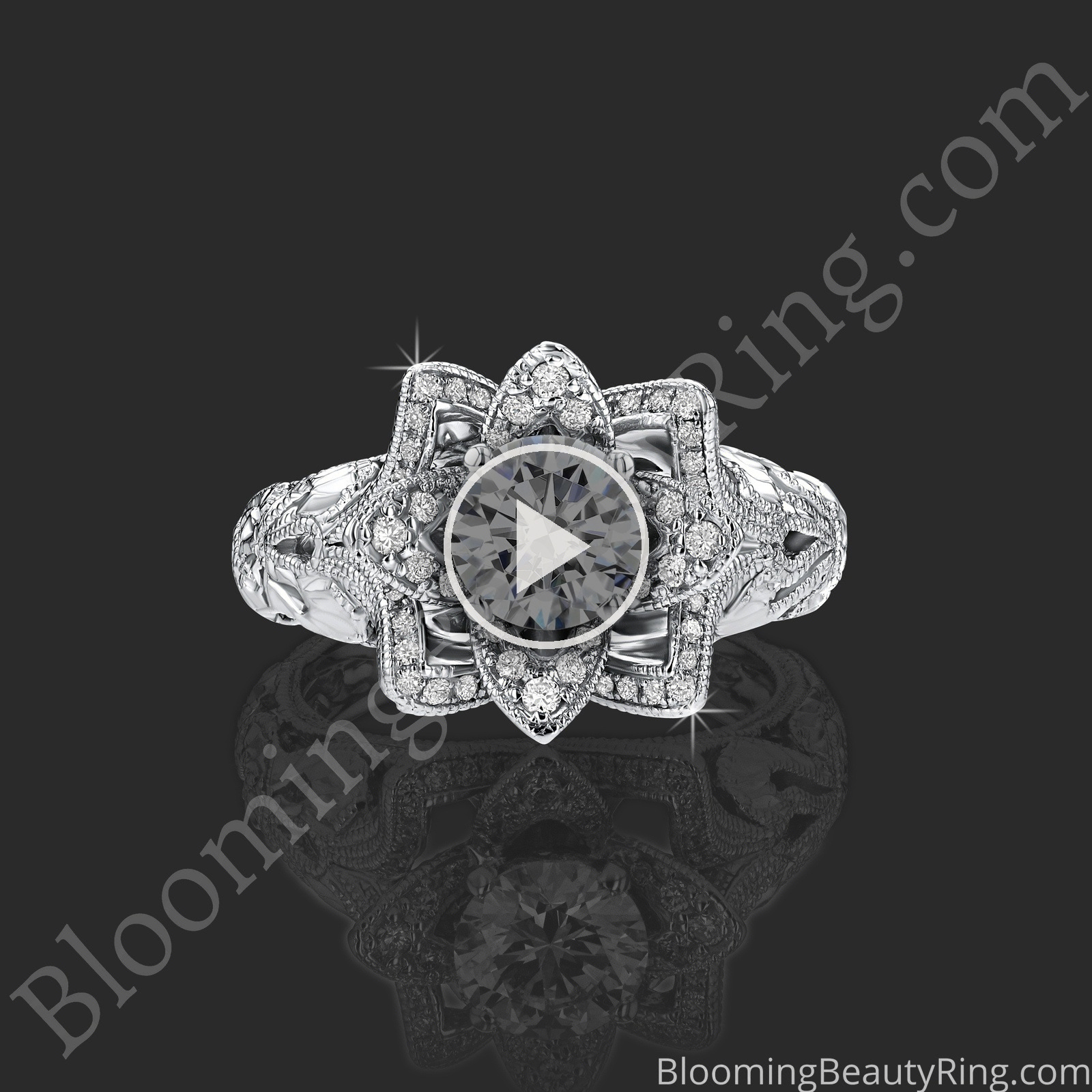 Diamond Embossed Blooming Rose Engagement Ring with Etched Carvings – bbr611-1 laying down video
