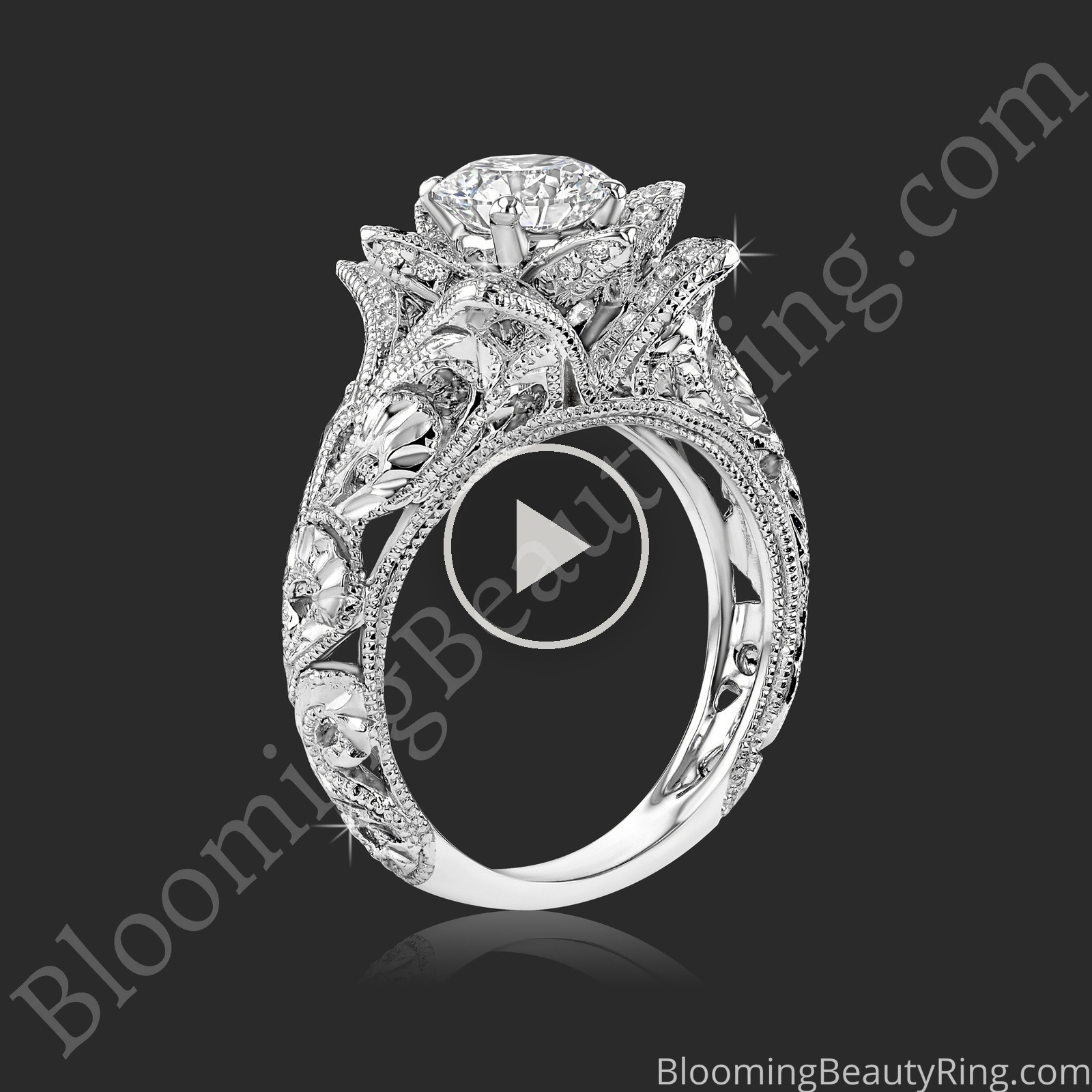 Diamond Embossed Blooming Rose Engagement Ring with Etched Carvings – bbr611-1 standing up video
