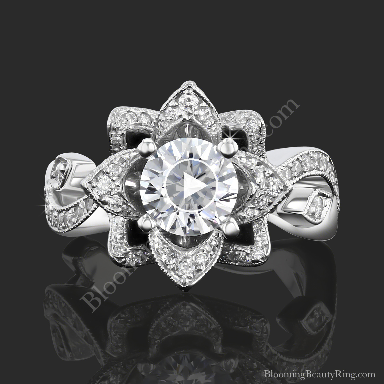 The Large Lotus Swan 1.48 ct. Diamond Engagement Flower Ring – bbr626 laying down video