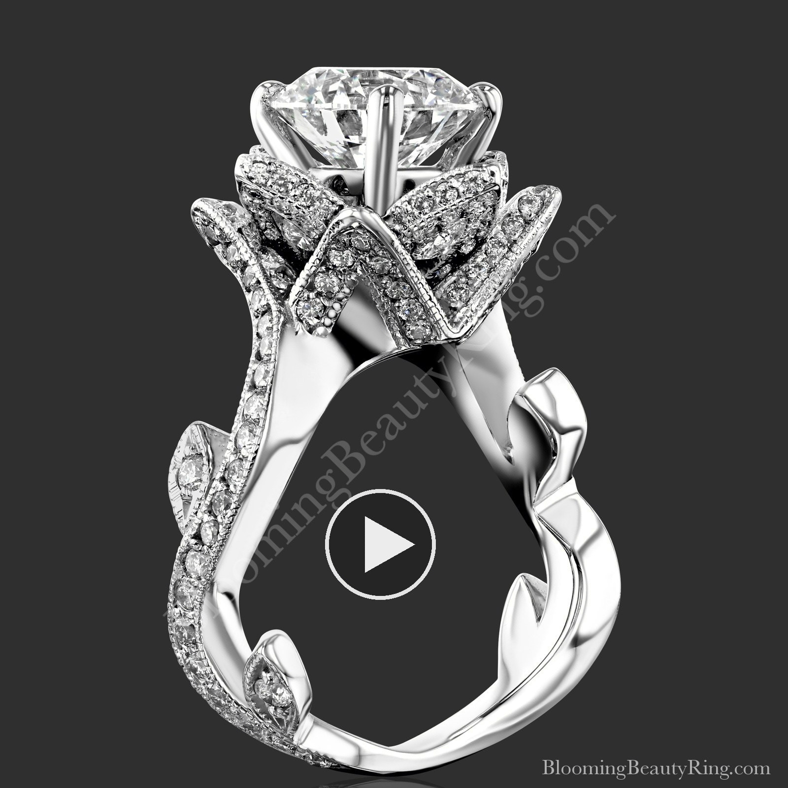 The Large Lotus Swan 1.48 ct. Diamond Engagement Flower Ring – bbr626 standing up video