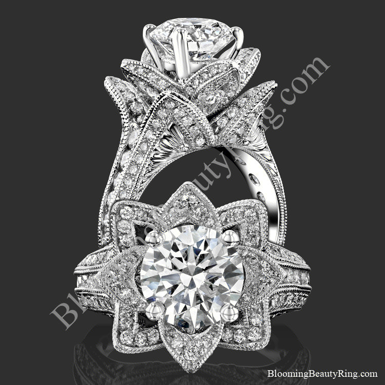 Two views of the large hand engraved blooming beauty flower engagement ring, standing and face on - bbr434en