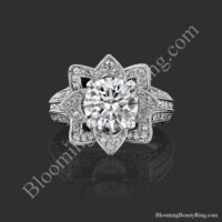 Face on view of the large hand engraved blooming beauty flower engagement ring, diamond petals blooming around a round center - bbr434en