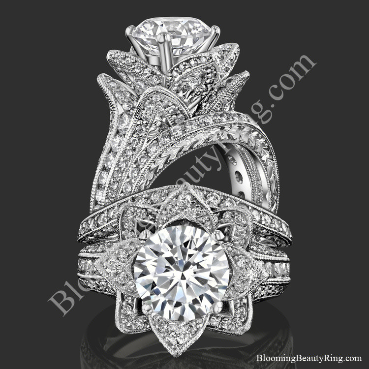 Two views of the large hand engraved blooming beauty flower engagement ring with its matching wedding band - bbr434en-set